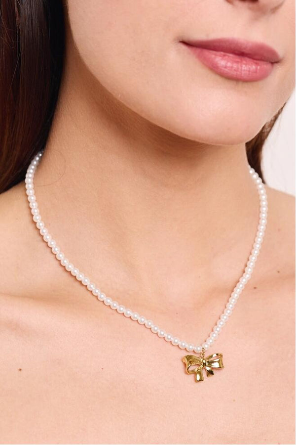 Byren Halssmykke Perle og sløyfe gull