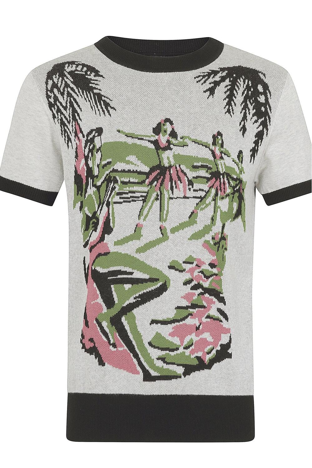 unisex topp strikket bomull tiki print kremfarget med grønt og rosa
